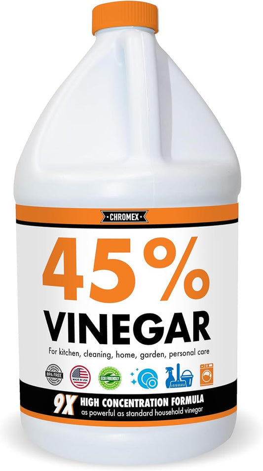 Chromex 45% Ultra Concentrated Vinegar - Dilutes to 9 Gallons - 9x Strength Multi-Purpose Cleaning, Deodorizing, Laundry, Gardening, Descaling, and Drain Cleaning Solution - 1 Gallon