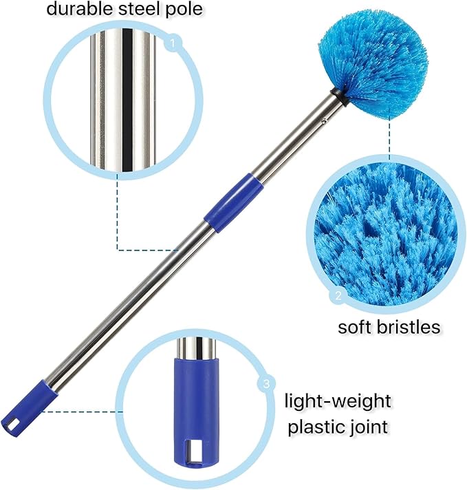 Extended Reach Cobweb Duster with 8-Foot Pole - Medium Bristle Brush for Ceiling, Wall, and Indoor/Outdoor Cleaning, Lightweight Stainless Steel (8 FT)