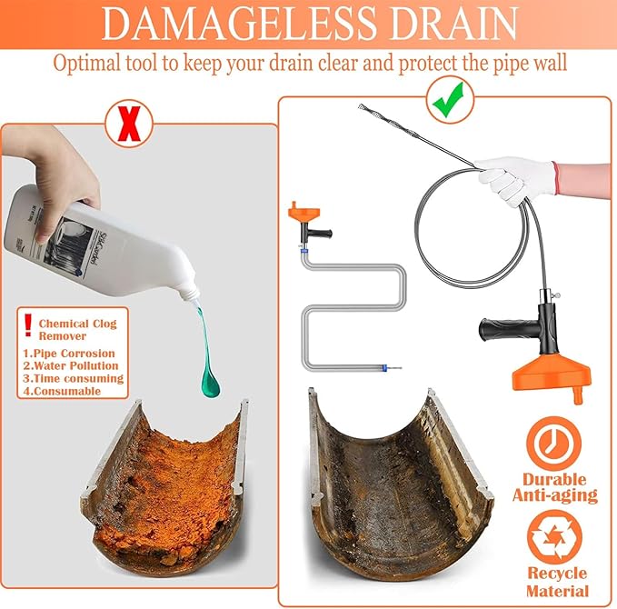 Drain Snake Auger 33 Feet, Plumbing Snake Drain Hair Clog Removal Tool, Sink Unclogger Drain, Heavy Duty Toilet Snake Auger, Cleaner Tool for Bathroom Kitchen Tub Shower Drain Clog Remover with Gloves