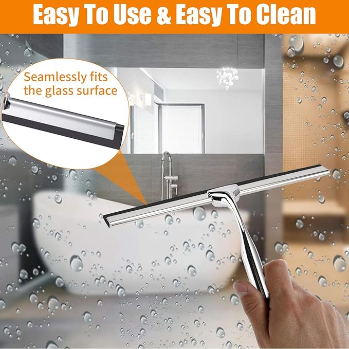 25 cm Stainless Steel Household Squeegee, Anti-Rust Handle Water Squeegee with Silicone Hook, No Drilling, Bathroom Window Scraper for Cleaning Glass Doors, Kitchen, Mirror, Tiles