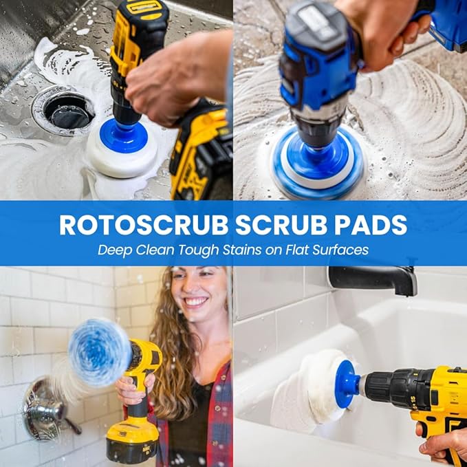 RotoScrub Drill Cleaning Brush & Sponge Pads Kit – Indoor/Outdoor Power Scrubber for Tubs, Showers, Grout, Tile, Tires, Grills, Siding, Wood, Glass Cooktops – Drill Attachment Accessory Set
