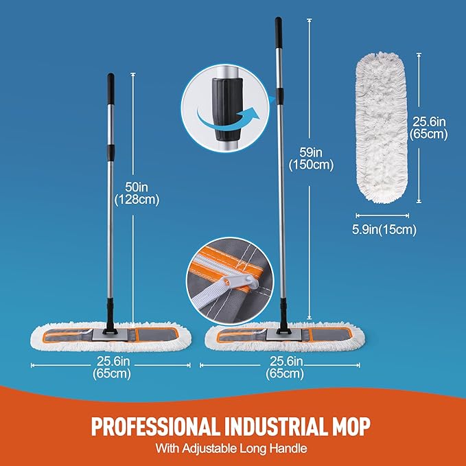 24" Commercial Dust Mop for Floor Cleaning, Heavy Duty Sweeper Broom with 2 Microfiber Mop Pads, Wet and Dry Duster Sweeper Broom for Marble, Laminate, Hardwood Floor Cleaning ,Grey