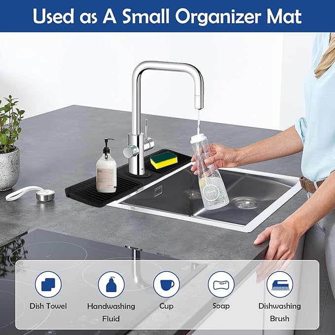 24"Longer Silicone Faucet Mat For Kitchen Sink Splash Guard -7° Slope Snap Lock- Sink Faucet Mat Splash Guard Kitchen Sink Area Silicone Sink Water Splash Guard Behind Faucet (Black, 24"x5.5")