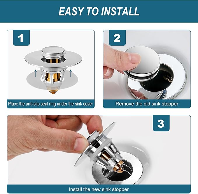 Universal Bathroom Sink Stopper - Upgraded Pop Up Sink Drain Strainer, Fits 1.1-1.5 Inch U.S. Standard Drain Holes - Anti-Clogging Filter with Sink Hair Catcher - Pure Brass Sink Drain Stopper