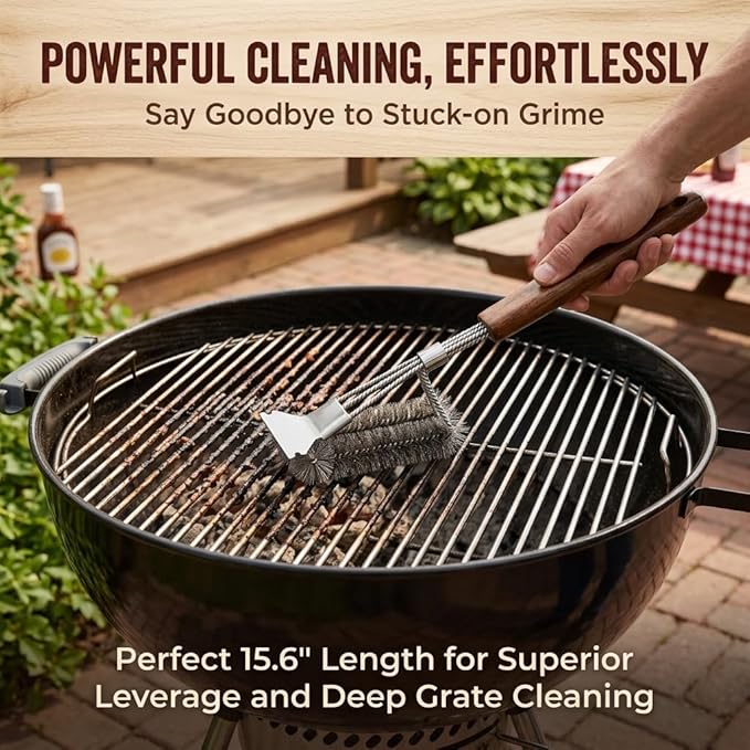 Grill Brush for Outdoor Grill - BBQ Grill Brush Stainless Steel with Scraper &Wooden Handle, Grill Cleaning Brush for Gas/Charcoal Grill, 2-Pack BBQ Cleaning Brush Grill Accessories Gift for Men Dad