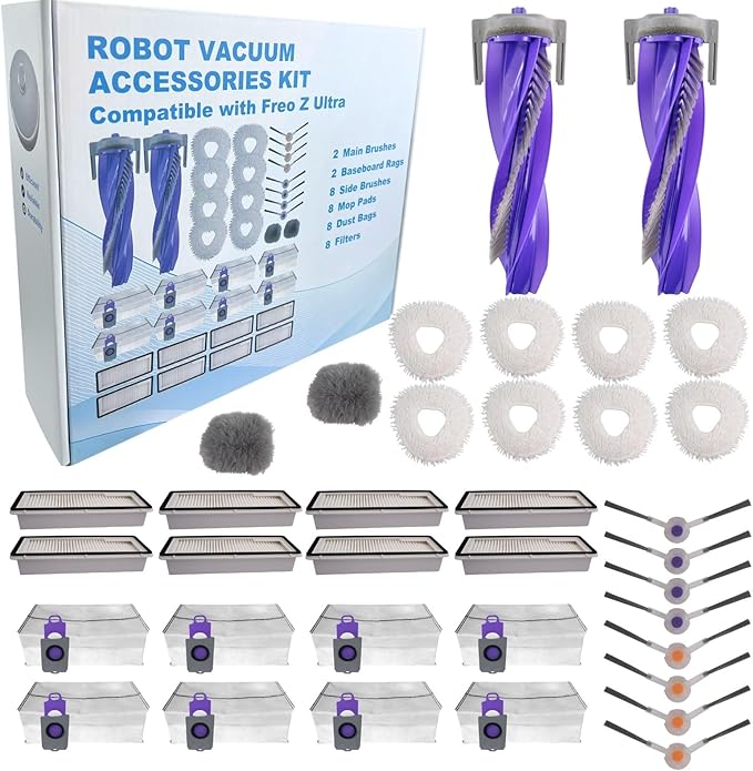 Replacement Accessories Parts Kit Compatible with Narwal Freo Z Ultra - Includes 8 Dust Bags, 8 Mop Pads, 8 Filters, 8 Side Brushes, 2 Rubber Main Brushes,2 Baseboard Rags