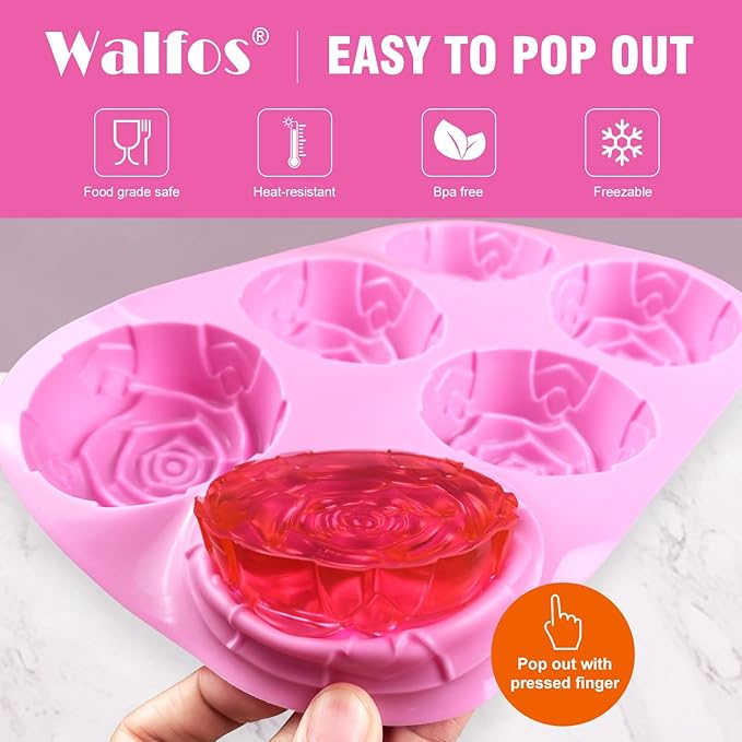 Walfos Rose Ice Cube Mold 2.8 Inch,Soap Mold, Make 12 Cute Flower Shape Ice. BPA Free and Dishwasher Safe.Easy to Pop Out.Perfect for Soap Cocktails Juice Whiskey Jelly Chocolate etc.(Set of 2 Pink)