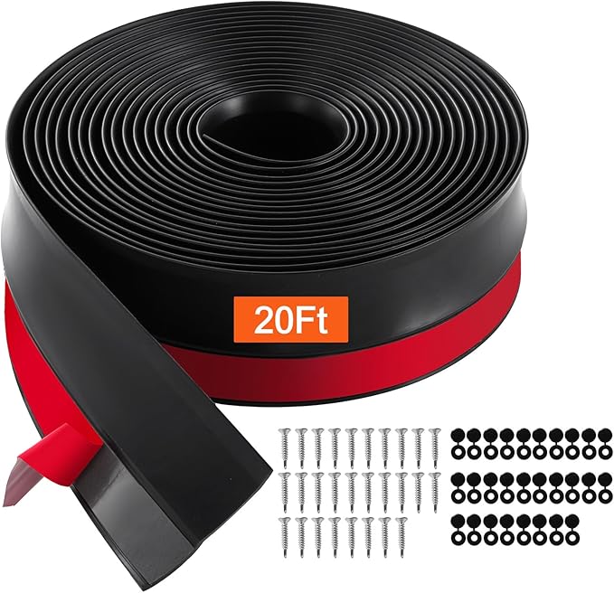 VEVOR Garage Door Seal Top and Sides Seal Strip, 20 FT Universal Weather Stripping Replacement Soft and Hard Composite, Weatherproofing Garage Door TPE Seals with Adhesive Backed and Screws, Black