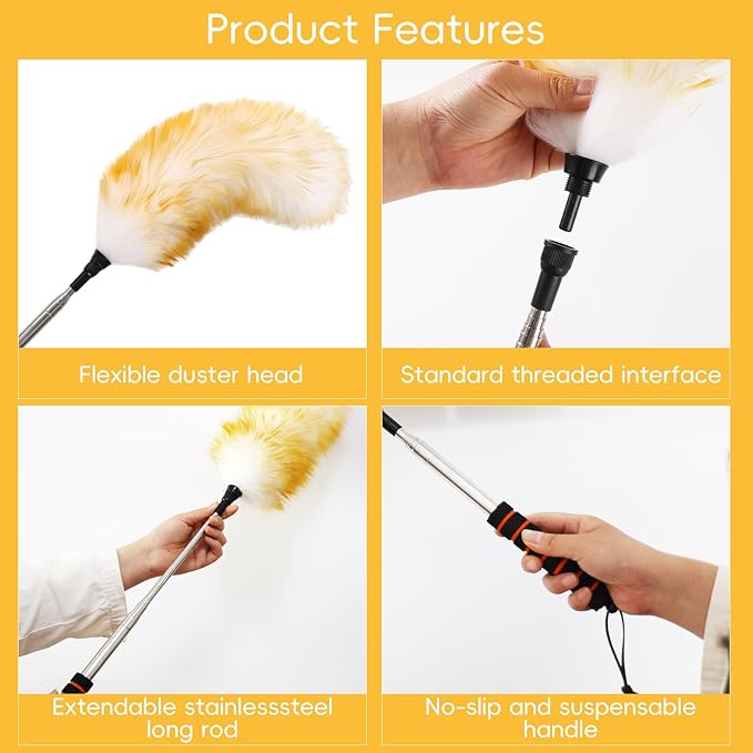 Lambswool Extendable Removable Duster 25-64 Inch Stainless Steel Extension Pole Wool Dusters for Cleaning Ceiling Fans Window Blinds Car Interiors Furniture Dusting,Feather Duster