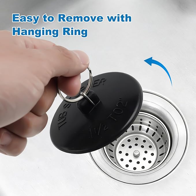 Hibbent 6 Pieces Drain Stopper, Rubber Kitchen Sink Stopper Drain Plug with Pull Ring for Kitchen, Bathtub, Bathroom and Laundry Sink in 6 Different Sizes, Black