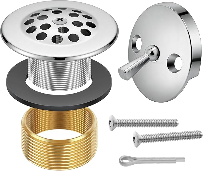 Chrome Trip Lever Bathtub Drain Tub Trim Set with Trip Lever Overflow Face Plate and Strainer Bathroom Tub Drains Replacement Conversion Tub Drain Kit Assembly with Universal Fine & Coarse Thread