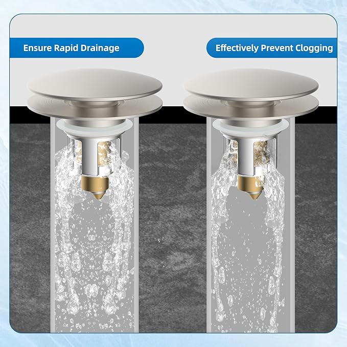 Universal Bathroom Sink Stopper, Metal Pop Up Sink Drain Strainer with Hair Catcher Basket, Fit 1.1"-2.36" US Basin, Wash Basin Drain Plug, Big/Small Cover Cap, Brass Bounce Core, Brushed Nickel