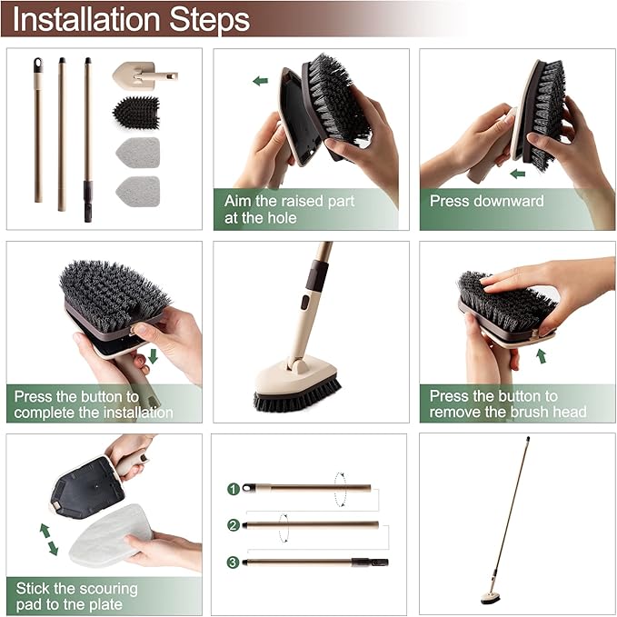 Eyliden Floor & Tub Scrub Brush, 2-in-1 Shower Floor Scrubber - 1 Stiff Bristles Brushes & 2 Non-Scratch Pads, 180°Swivel Head, 49" Adjustable Handle - Deep Cleaning Tub Bathroom Tile Kitchen Sink