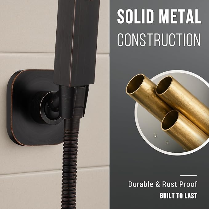 G-Promise All Metal Handheld Shower Head Holder, Adjustable Wall Mount Shower Wand Bracket, Strong Adhesive Disc Mount or Drill Installation (Square, Oil Rubbed Bronze)