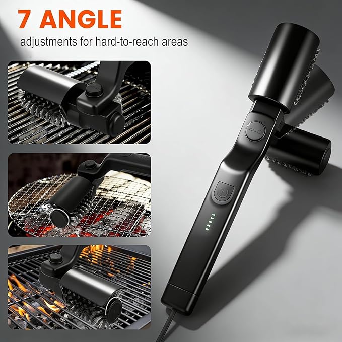 Electric Grill Brush for Ootdoor Grill, Cordless Grill Brush for Outdoor BBQ with 2 Heads, 3-Speed & Angle Adjust Cordless Rotary Grill Cleaner, Rechargeable Grill Cleaning Brush for Barbecue Grates