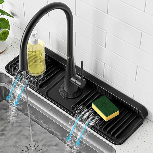PoYang 17.7 inch Faucet Mat for Kitchen Sink Splash Guard, 7° Slope Silicone Sink Water Splash Guard for Kitchen Sink Area with Snap Button, Long Sink Protectors for kitchen Sink Sponge Holder, Black
