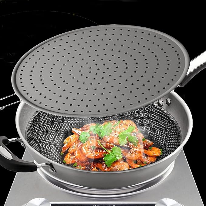 Silicone Splatter Screen Pan Cover 11", Heat Insulation Cooling Mat, Strainer, Drain Board, Oil Splash Guard for Frying Pan, Non-Stick, Heat Resistant Universal Pan Cover