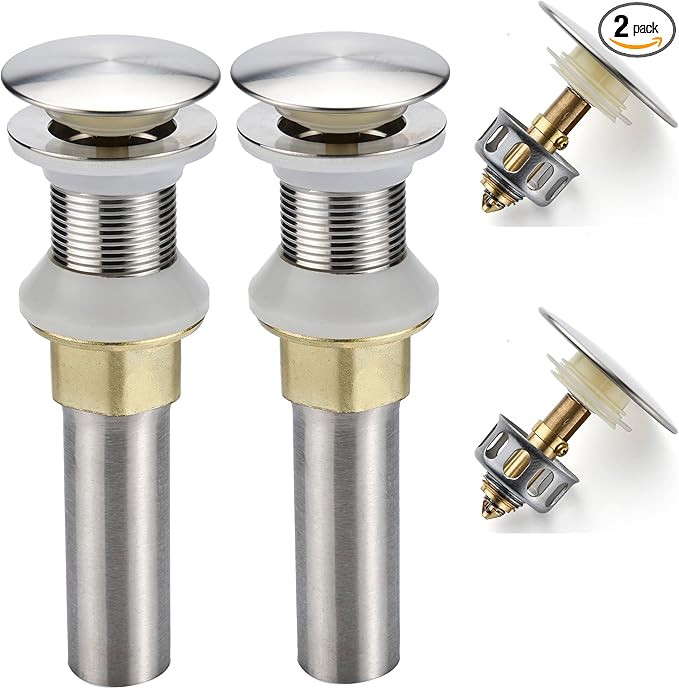 Bathroom Sink Drain,2 Pack Drain Stopper Bathroom Sink Without Overflow,Pop Up Drain Assembly with Detachable Strainer Basket,Built-in Anti-Clogging Strainer,Stainless Steel Brushed Nickel