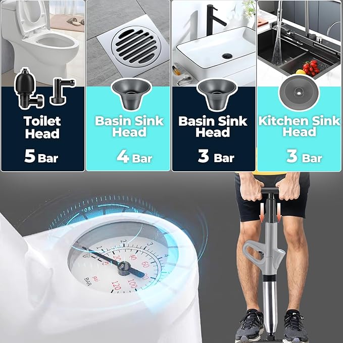 Unclog Toilet Plunger - Drain Clog Remover, High-Pressure Air pump plunger, Drain Blaster with Real-Time Barometer Drain Snake Sink Plunger Plumbing Tools, Toilet unclogger, Plungers for Bathroom