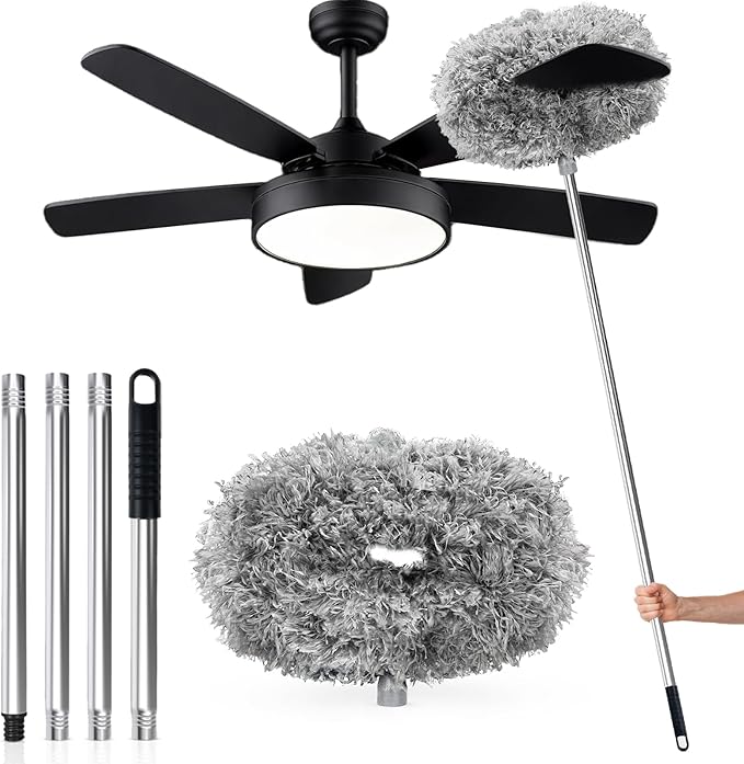 Ceiling Fan Cleaner Duster with Extension Pole, 12 to 51 Inch Duster Length, Reusable Microfiber Dusters for Cleaning Fan Blades, Cobwebs, Walls, Windows & High Ceilings, Removable, Blue