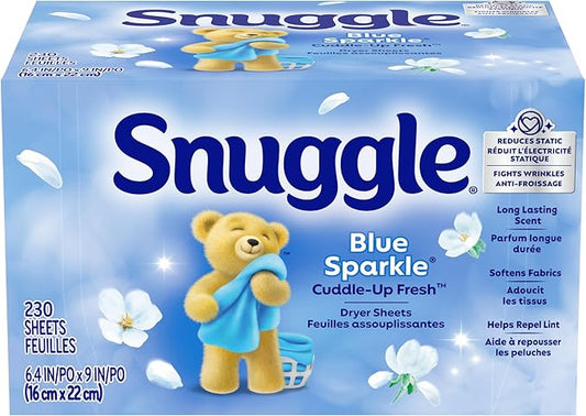 Snuggle Fabric Softener Dryer Sheets, Long-Lasting Fresh & Clean Scent, Softens Fabric, Reduces Static, Fights Wrinkles, Helps Repel Lint & Pet Hair, HE Safe, Blue Sparkle Cuddle-Up Fresh, 230 Ct