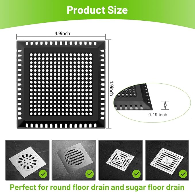 Drain Hair Catcher,Shower Drain Cover Hair Catcher Shower Drain Strainer for Bathroom Floor,Square Shower Hair Drain Catcher to Keep Away from Clogged Drain (Matte Black, 4 inch) (Pack of 2)