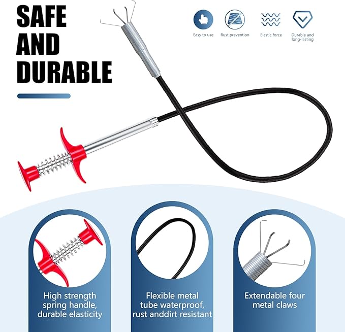 24''Flexible Grabber Claw, 4 Claws Drain Snake with Tweezers, Retractable Drain Clog Remover Tool, Bendable Hose Grabber Reacher Tool, Pickup Tool for Bath Tub, Toilet, Kitchen Sink & Sewer