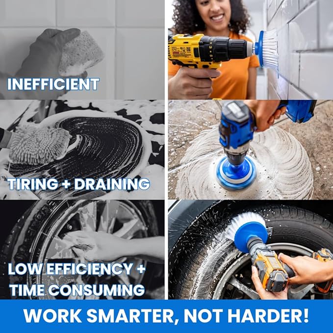 RotoScrub Drill Cleaning Brush & Sponge Pads Kit – Indoor/Outdoor Power Scrubber for Tubs, Showers, Grout, Tile, Tires, Grills, Siding, Wood, Glass Cooktops – Drill Attachment Accessory Set