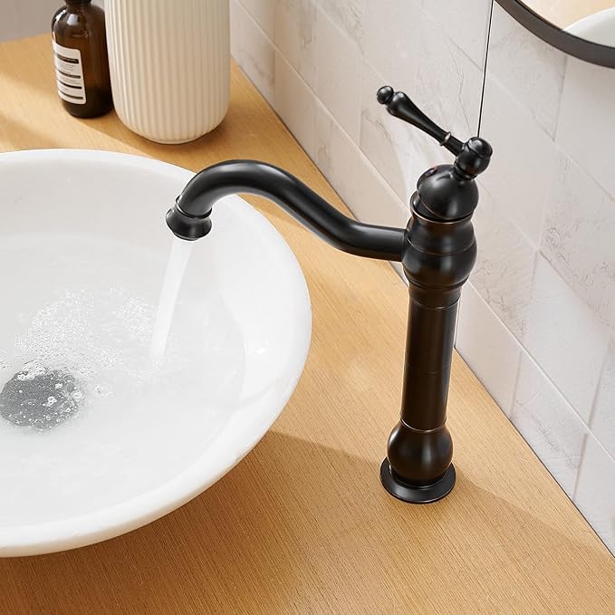 Vessel Sink Faucet Oil Rubbed Bronze Single Handle 1 Hole Bathroom Faucet 360° Swivel Deck Mount Lavatory Commercial Matching Pop Up Drain Without Overflow