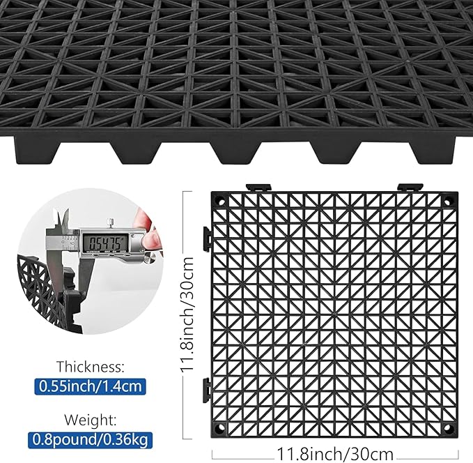 ToLanbbt Modular Interlocking Cushion 12P 11.8" x11.8" Interlocking Rubber Floor Drain Holes Non-Slip Splicing Drainage Mats for Deck, Shower, Kitchen, Drain Pool, Indoor Outdoor (Grey Black)