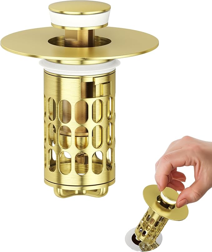 Upgraded Bathroom Sink Stopper with Hair Catcher - Universal Pop-Up Drain Plug, Stainless Steel & Silicone Seal for 1.1-1.5 Inch Drains, Gold Matte Brushed Finish (Gold Matte Brushed)