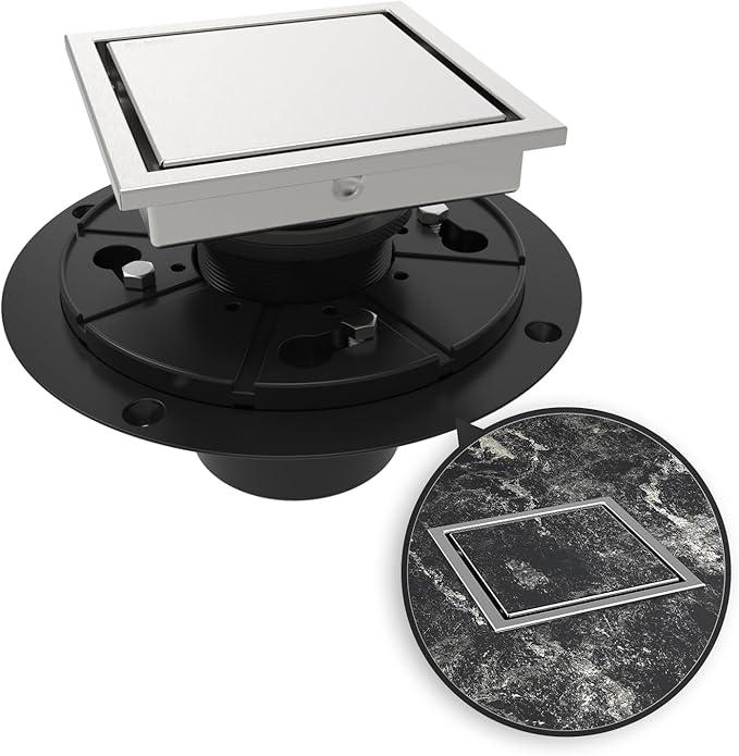 WEBANG 4 Inch Square Shower Drain Brushed Floor Drain with Flange Reversible 2-in-1 Cover Tile Insert Grate Removable SUS304 Stainless Steel CUPC Certified Brushed