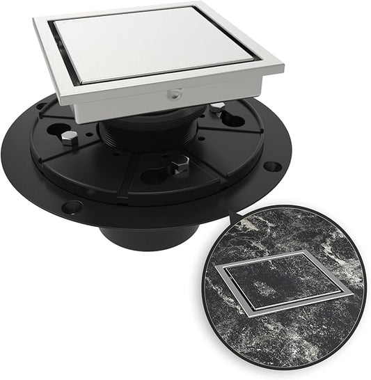 WEBANG 4 Inch Square Shower Drain Brushed Floor Drain with Flange Reversible 2-in-1 Cover Tile Insert Grate Removable SUS304 Stainless Steel CUPC Certified Brushed