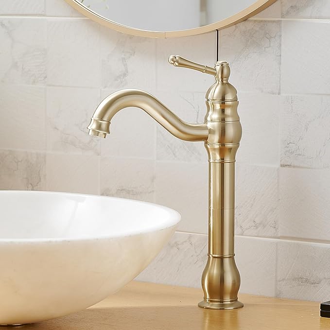 Brushed Gold Vessel Sink Faucet 360° Swivel for Bathroom Single Hole Farmhouse Tall Commercial Vanity Matching Pop Up Drain Without Overflow Mixer Tap Single Handle