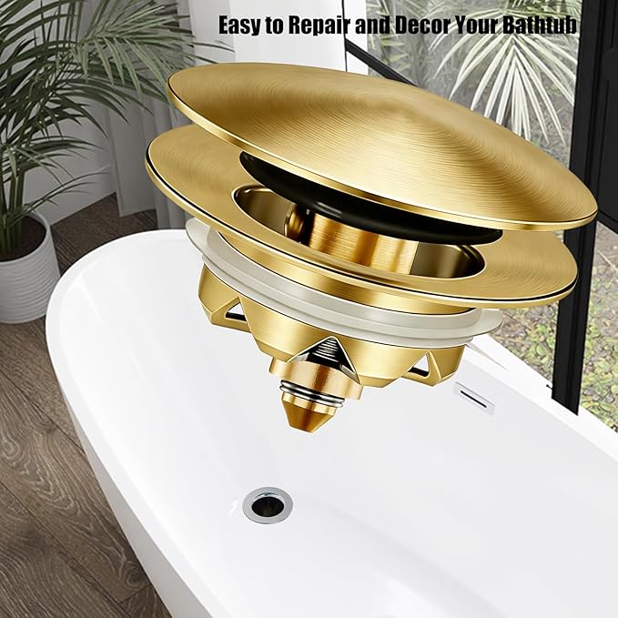 Bathtub Drain Stopper, Pop Up Tub Stopper and Cover, Bottom with Hair Catcher, Universal for 1.45 to 1.8in Drain, Replaces Old Drain Plug, Brushed Gold