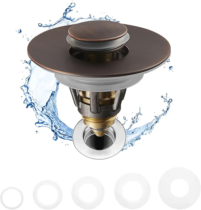 Fransiton Bathroom Sink Stopper, 1.1-1.77 Inch Basin Pop Up Sink Drain Stopper, Anti Clogging Drain Plug with Detachable Hair Catcher, Dark Bronze