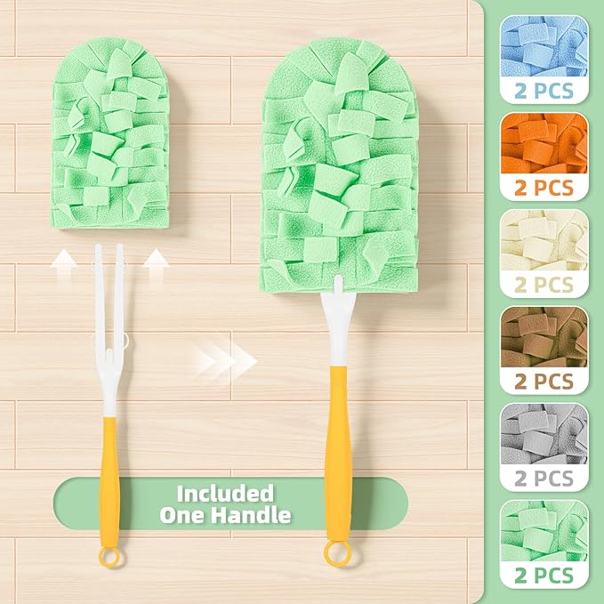 12 PCS Fleece Reusable Duster Refills Compatible with Swiffer Handle, Washable Heavy Duty Duster Pads for Fan, Window, Furniture, Car, 360 Cleaning Cloths Include 1 Handle, Morandi Colors