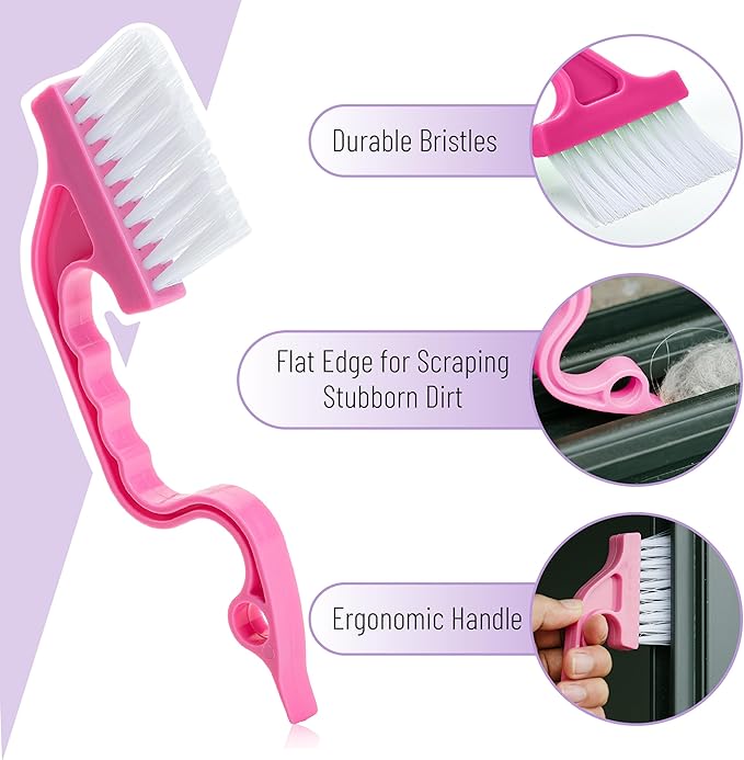 Slick- Window Track Cleaning Brush, 3 Pack, Shades of Pink, Ergonomic Handle, Built-in Scraper, Multipurpose Window Track Cleaning Tools for Faucets, Shower Heads and Drains