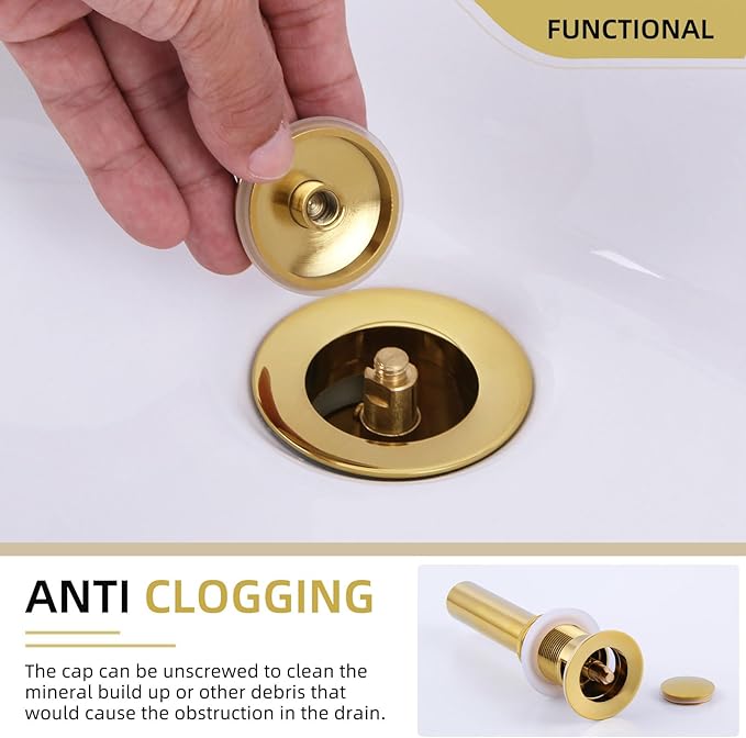 Angle Simple Sink Drain Stopper, Brass Bathroom Sink Stopper Replacement, Pop Up Drain with Overflow Hole, Deep Titanium Gold