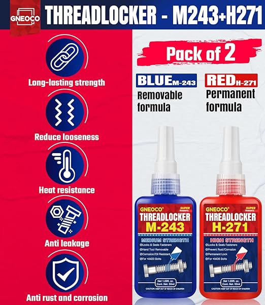 ThreadLocker Blue and Red, Thread Lock Medium High Strength Lock Tight for Nuts, Bolts, Fasteners and Metals, Anaerobic Curing Metal Glue to Prevent Loosening and Corrosion (M243 H271-100ml)