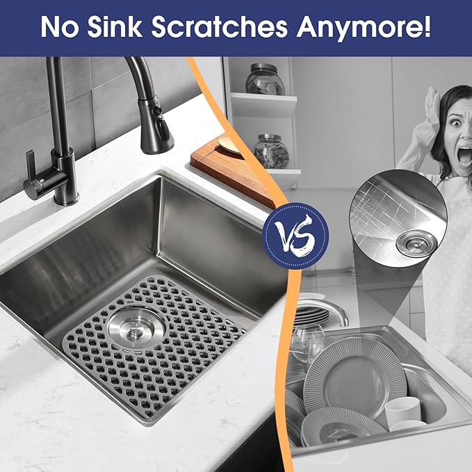 2PCS Silicone Sink Protector 12"x14" Rear Drain Hole, Heat Resistant Non-slip Dishwasher Suitable, Large Mat for Bottom of Farmhouse Kitchen Stainless Steel Sink