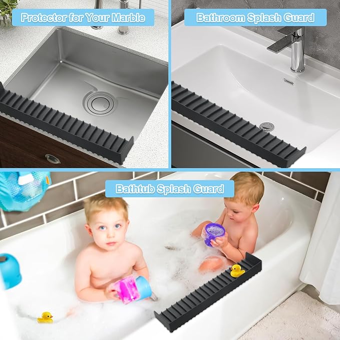 Silicone Faucet Splash Guard 4" x 14", Faucet Water Catcher Mat, Longer Silicone Sink Mat for Kitchen, Bathroom, Laundry Room, Farmhouse for Quartz Kitchen Sink（Black）