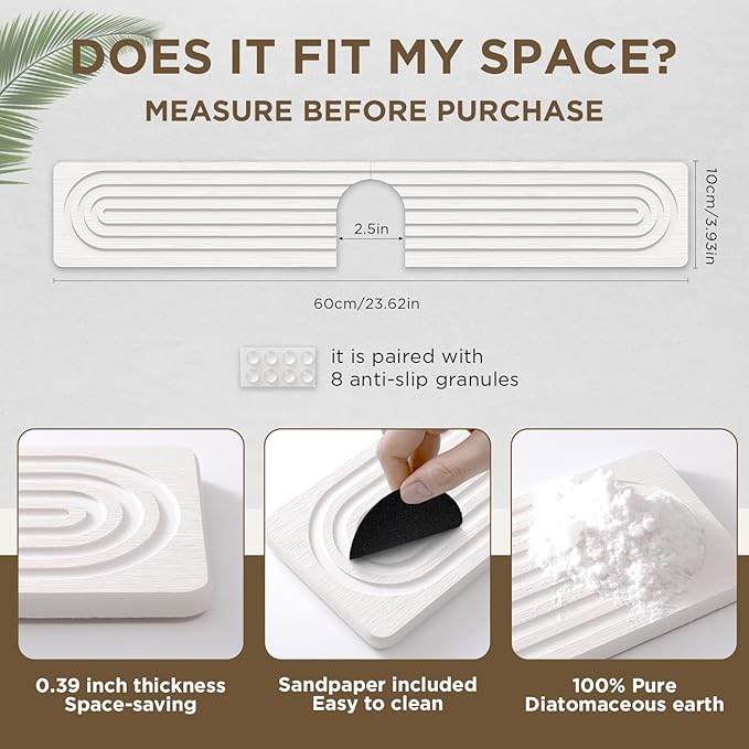 Faucet Mat for Kitchen Sink, Diatomite Stone Drying Sink Protectors, Bathroom Faucet Splash Guard, Quick Dry Water Absorbing, Non-Slip Stone Tray for Kitchen Counter, White, 23.6" x 3.9"