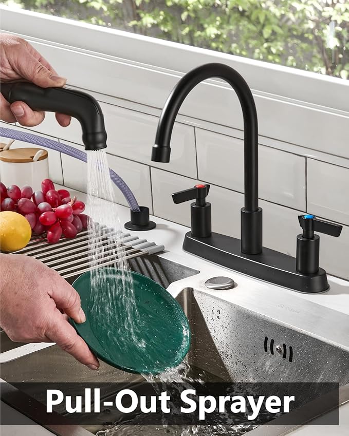 Kitchen Faucet with Sprayer 2 Handle Kitchen Sink Faucets 8 Inch Centerset 3 Hole with Supply Lines Matte Black