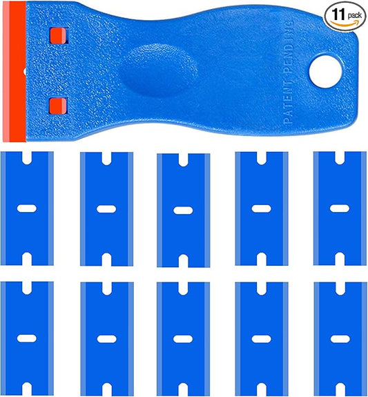 Double Edged Plastic Razor Blade Scrapers Knife with Contoured Grip for Scraping Labels and Decals Sticker From Glass, Windshields and Auto Window Tint Vinyl Tool Application (Blue Scraper+10 Blades)
