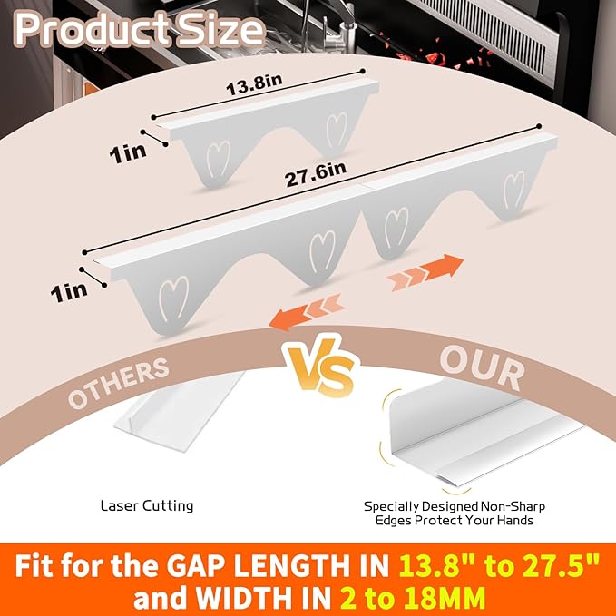 Stainless Steel Stove Gap Covers, Stove Gap Filler, Oven Gap Filler, Range Trim Kit in Kitchen, JessWednes 2 PCS Extendable Guard 13.8" to 27.5", Width 0.79", Heat Resistant and Easy to Clean (WHITE)