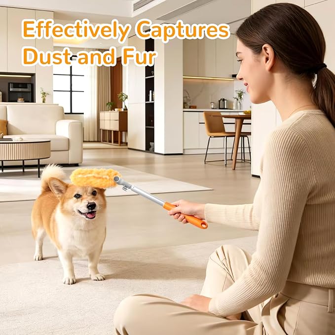 6 ft Heavy Duty Extendable Duster Handle with 50 Refills for Swiffer Duster, 360° Multi-Surface Dusters with 4X Cleaning Power for Home, Ceiling Fans, Windows, Dusting Hard-to-Reach Areas (Orange)