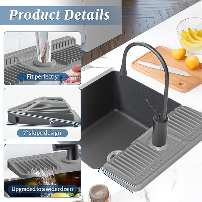 PoYang 14.6 inch Faucet Mat for Kitchen Sink Splash Guard, 7° Slope Silicone Sink Water Splash Guard for Kitchen Sink Area with Snap Button, Small Sink Protectors for kitchen Sink Sponge Holder, Grey