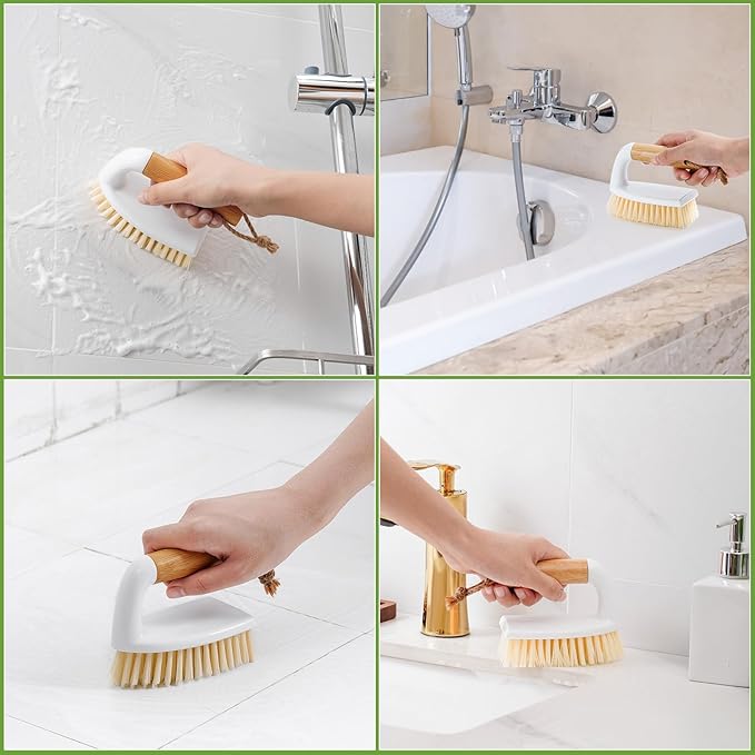 SUBEKYU Scrub Brush, Cleaning Brushes with Handle for Household Use, Heavy Duty Scrub Brushes for Cleaning Bathroom Shower Toilet Bathtub Tile Floor Carpet, White, 2P