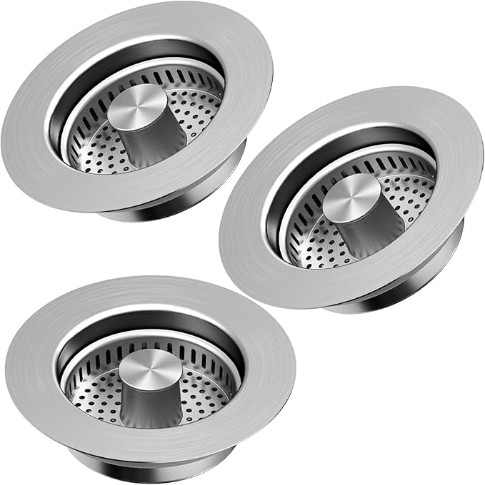 Kitchen Sink Drain Strainer 3 Pack, 304 Stainless Steel Pop Up Sink Stopper, Anti-Clogging Sink Drain Strainer for US Standard Kitchen Drain